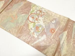 流水に扇・花・蝶模様織り出し　袋帯